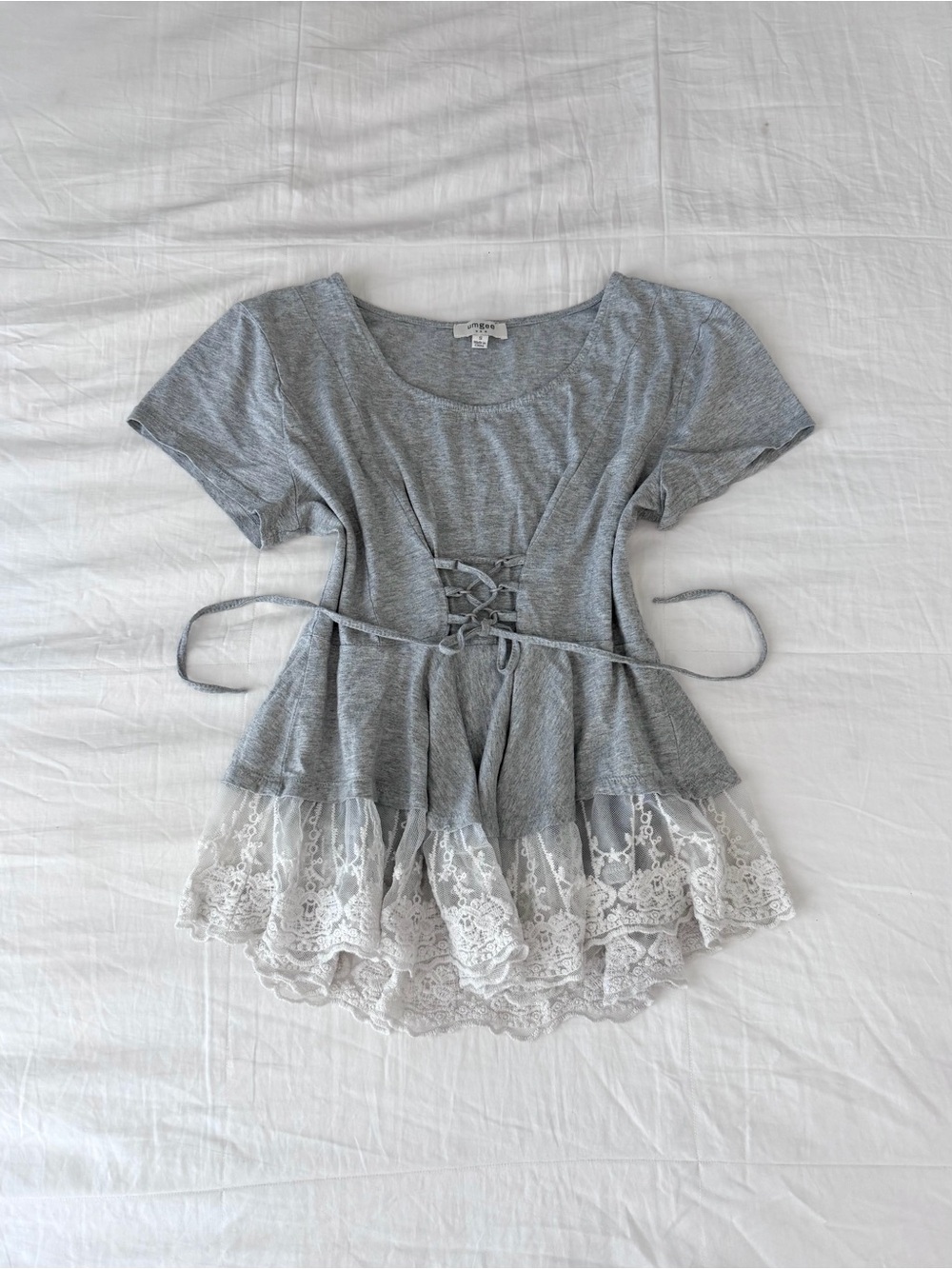UmGee Cottagecore Grunge Grey Lace Trim Top w/ Corset Lace Up Front (Size S)
